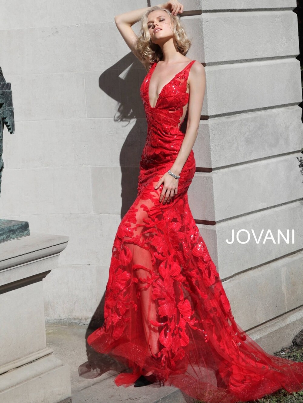 Jovani 60283 Dress red sequin mermaid gown formal plunging train prom women's 2
